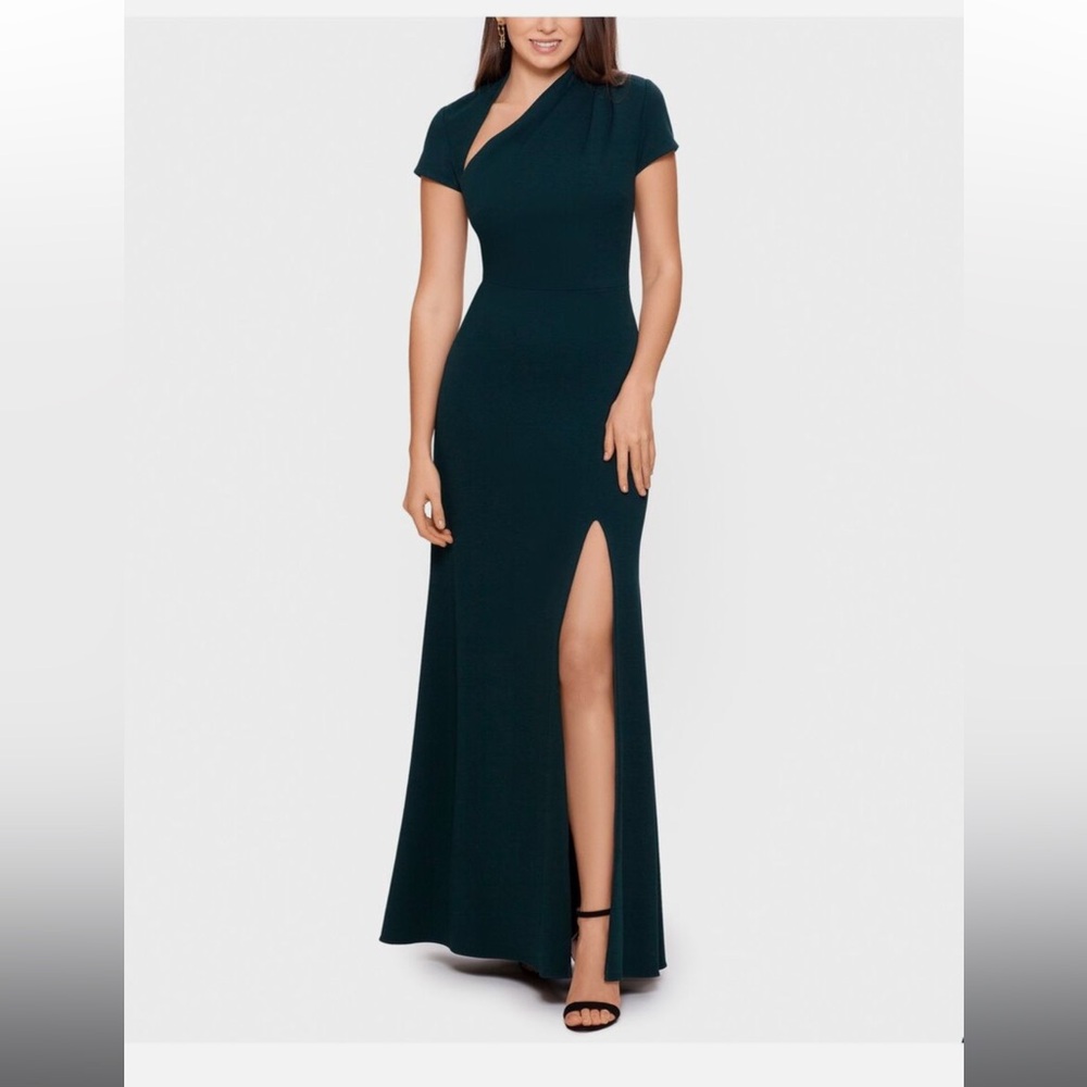 BETSY & ADAM Womens Navy Short Sleeve Full-Length Evening Sheath
Dress
